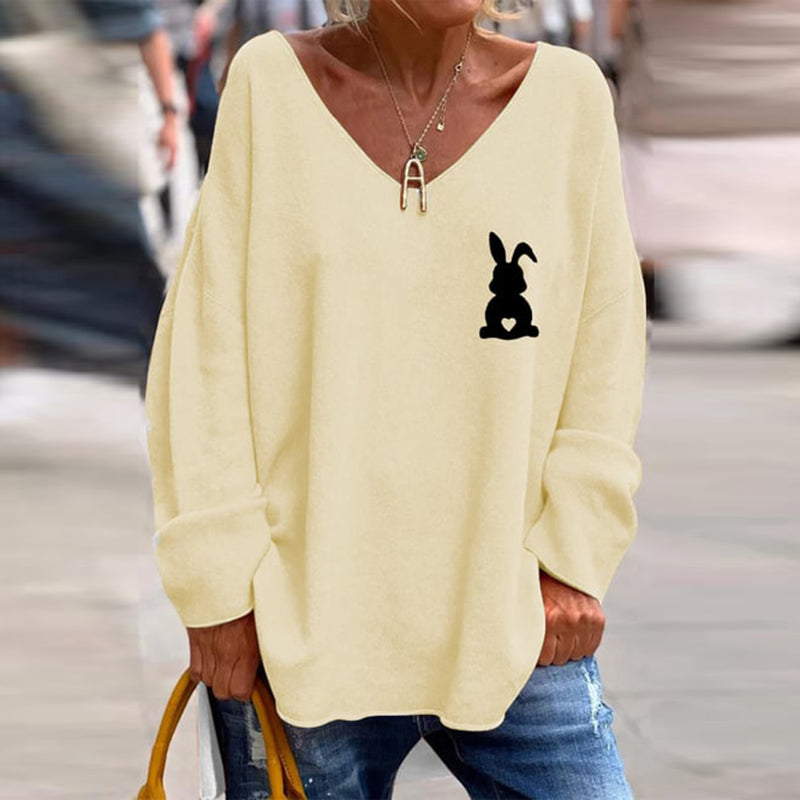 Women's Easter Bunny Print Casual V-Neck Loose T-Shirt artswardrobe