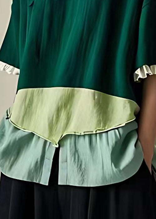 Green Ruffled Patchwork Cotton Shirts Half Sleeve