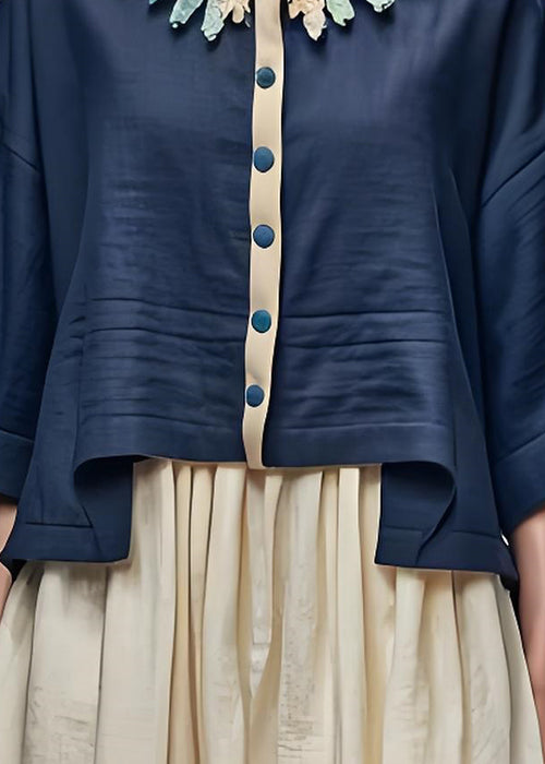 Navy Petal Neck Button Patchwork Cotton Short Coat Bracelet Sleeve