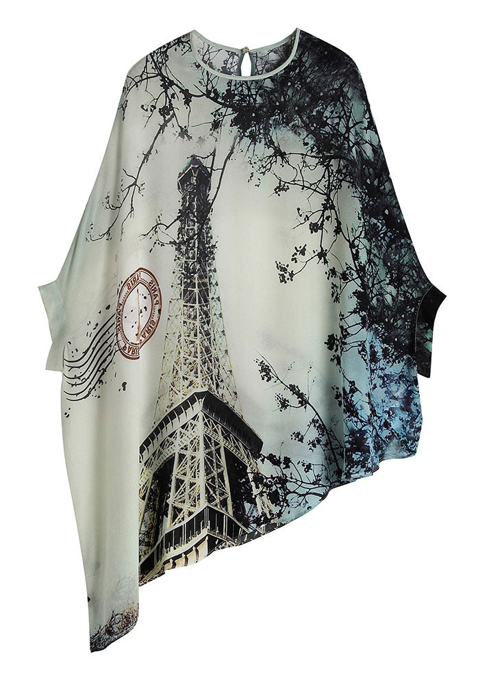 Loose Colorblock O-neck Asymmetrical Print Silk Batwing Shirt Tops Summer