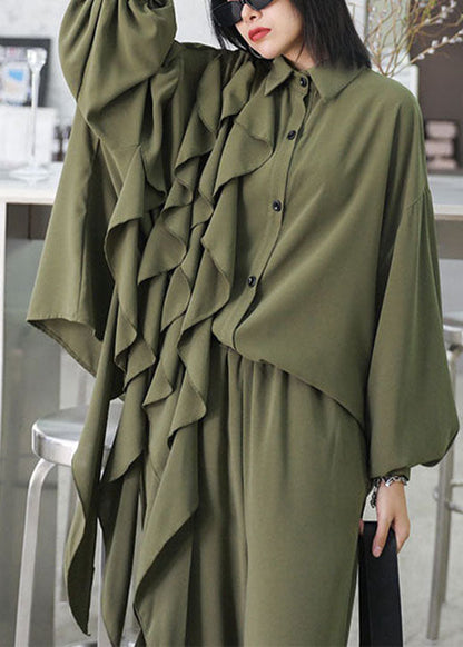 Style Army Green Asymmetrical Design Ruffled Pockets Wide Leg Fall 2 Piece Outfit