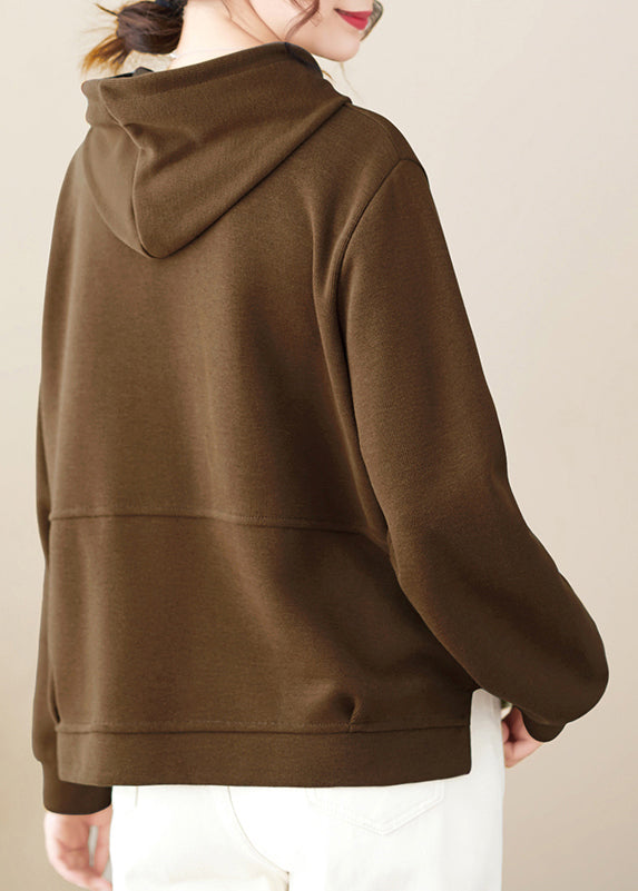 Coffee Hooded Patchwork Simple Cotton Pullover Fall