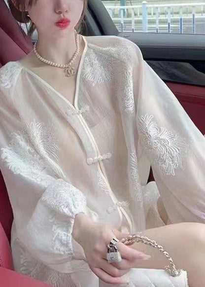 Vogue White Embroideried Button Chiffon Upf 50+ Shirt Fall