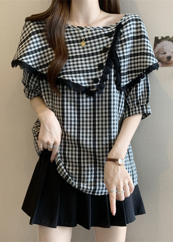 Grey Asymmetrical Plaid Cotton Shirts Summer