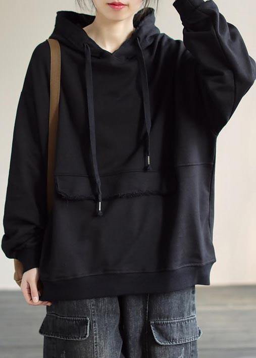 Hooded Cinched Spring Black Blouses