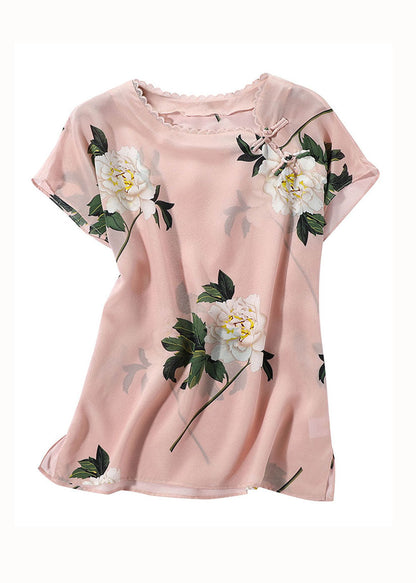 French Pink O Neck Print Patchwork Oriental Button Silk Tops Summer