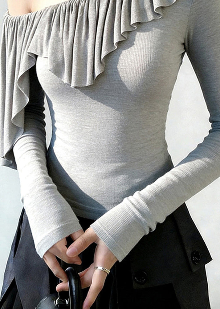 Grey One Shoulder Ruffles Cotton Tops Spring