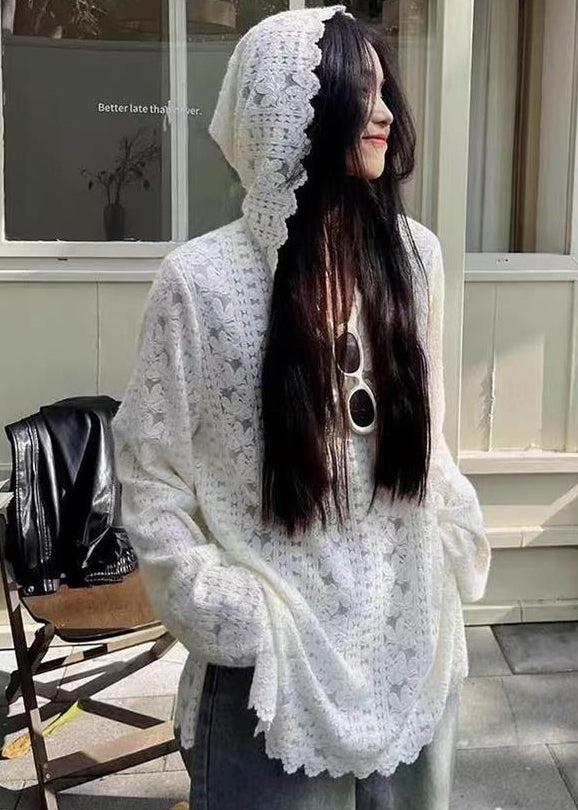 French White Hooded Patchwork Lace T Shirts Fall