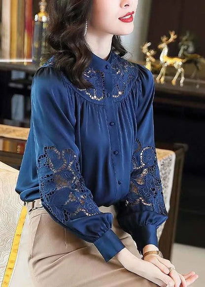 Classy Blue Stand Collar Button Hollow Out Embroideried Silk Blouses Spring