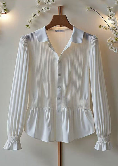 Classy White Button Wrinkled Cotton Blouses Spring