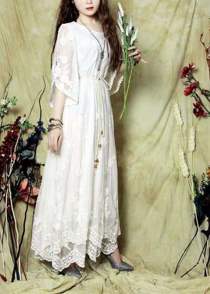 White Embroideried Cold Shoulder Lace Long Dresses Spring