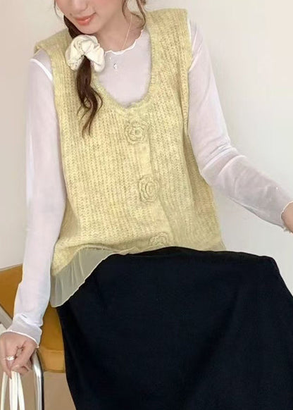 Art Yellow V Neck Knit Vest Tops Spring