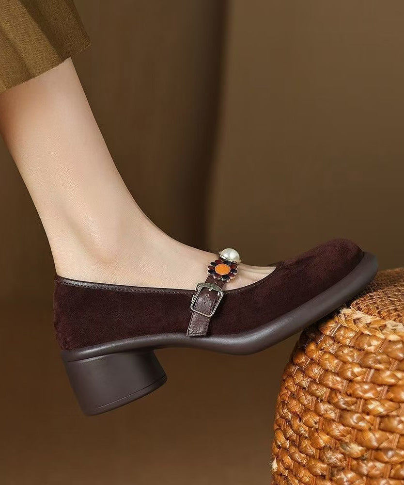 Comfortable Splicing Chunky Heel Black Suede Buckle Strap
