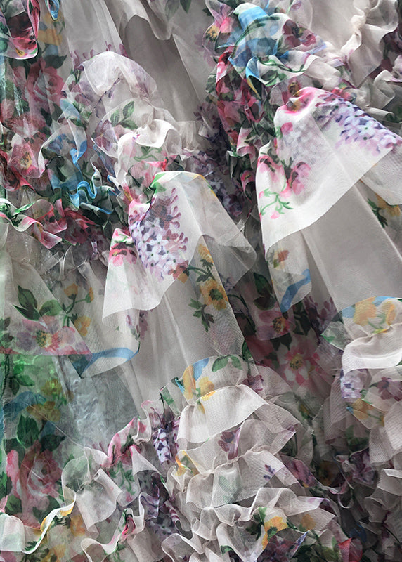 Apricot Asymmetrical Print Ruffled Tulle Cake Skirt Spring