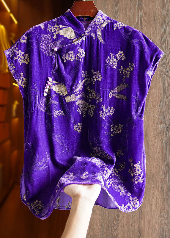 Purple Embroideried Nail Bead Button Silk Velour Shirt Short Sleeve
