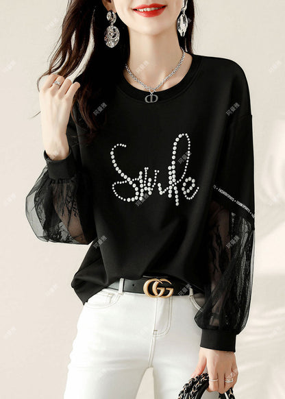 Black Tulle Print Cotton Loose Sweatshirt Spring