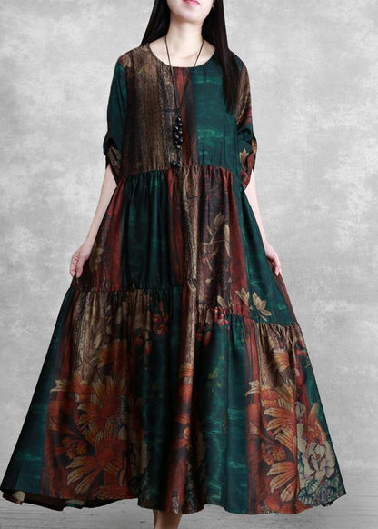 Luxy Green Print Silk Summer Dresses Loose Caftan