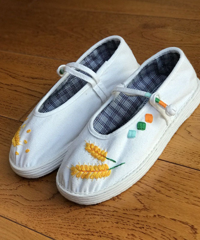 White Embroidery Cotton Fabric Splicing Buckle Strap Flat Shoes for