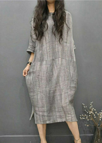Grey O-neck Wrinkled Side Open Linen Long Dress Batwing Sleeve