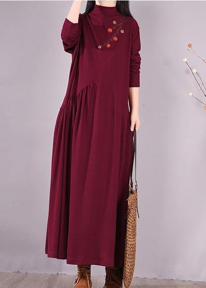 Vivid Burgundy Embroidery Tunic Pattern High Neck Cinched Spring Dress