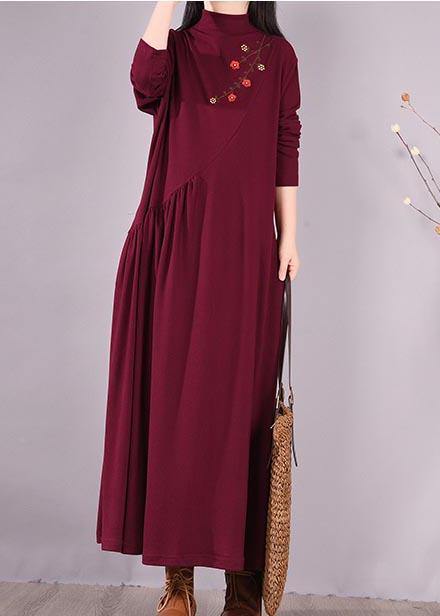 Vivid Burgundy Embroidery Tunic Pattern High Neck Cinched Spring Dress