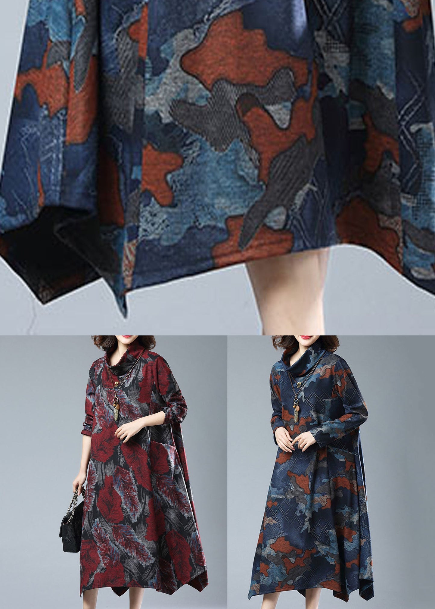 Navy Print Pockets Patchwork Cotton Long Dresses Fall