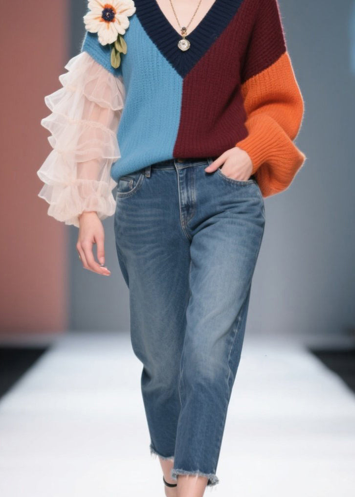 New Colorblock V Neck Tulle Knit Sweater Fall