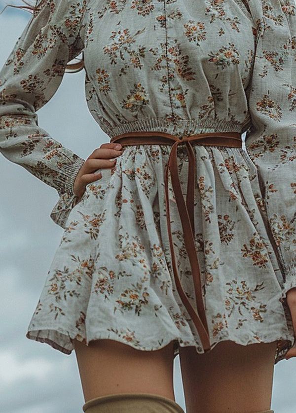 Ruffled Print Pastoral Style Cotton Mini Dress Spring