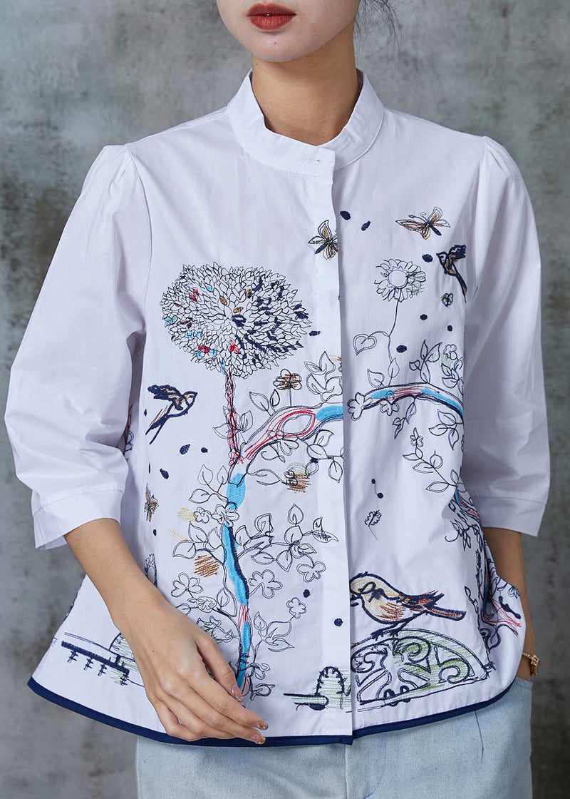 White Cotton Tops Stand Collar Embroidered Bracelet Sleeve