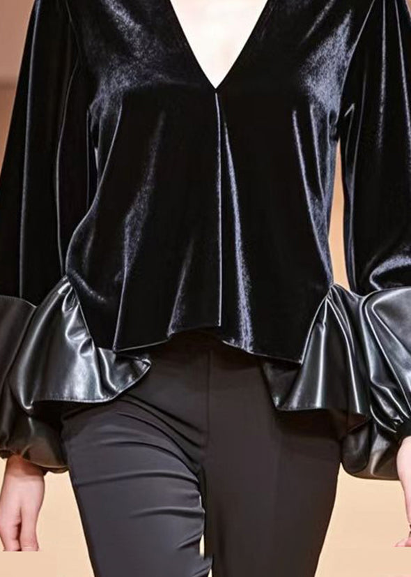 Unique Black V Neck Patchwork Pu Silk Velour Tops Lantern Sleeve