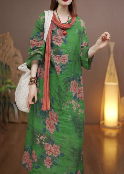 Green O-neck Print Long Dress Spring