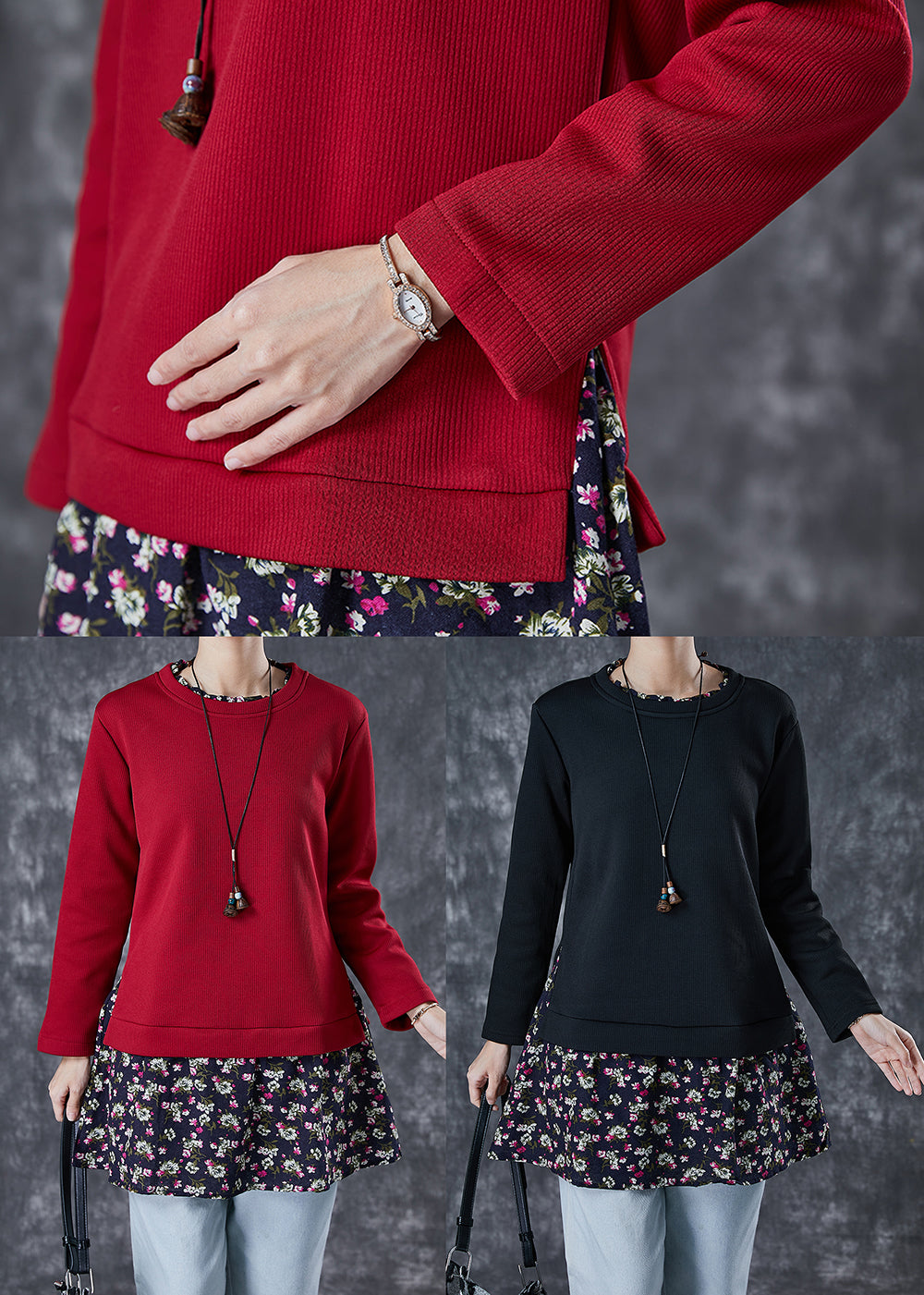 Red Print Patchwork Warm Fleece Blouses Winter