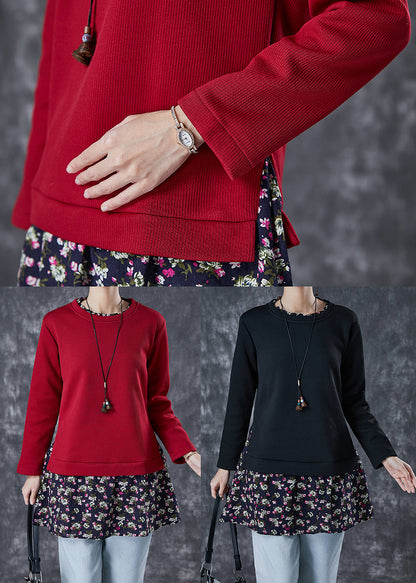 Red Print Patchwork Warm Fleece Blouses Winter