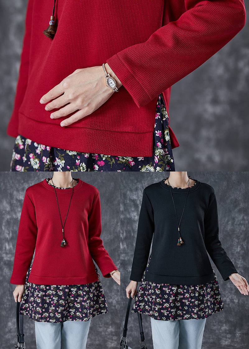 Red Print Patchwork Warm Fleece Blouses Winter