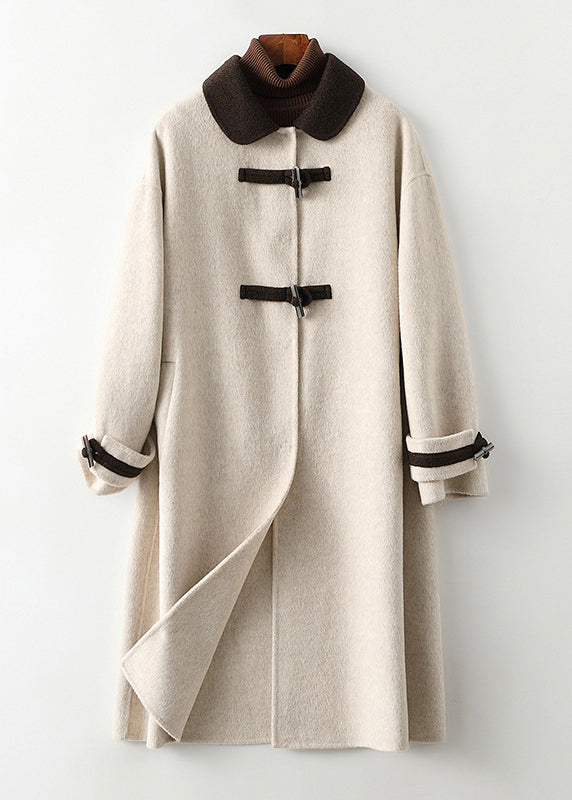 Beige Square Collar Button Woolen Long Coats Fall