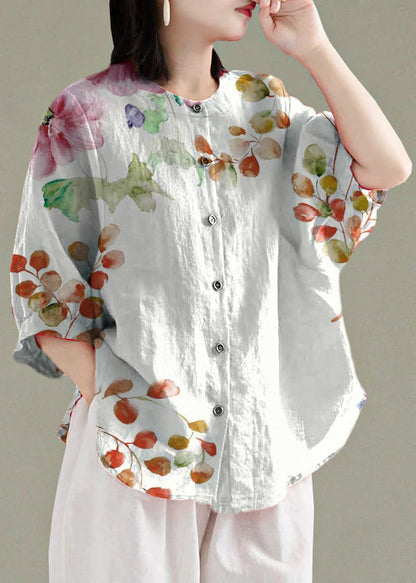 Art White Patchwork O-neck Button Linen Loose Shirt Top Lantern Sleeve