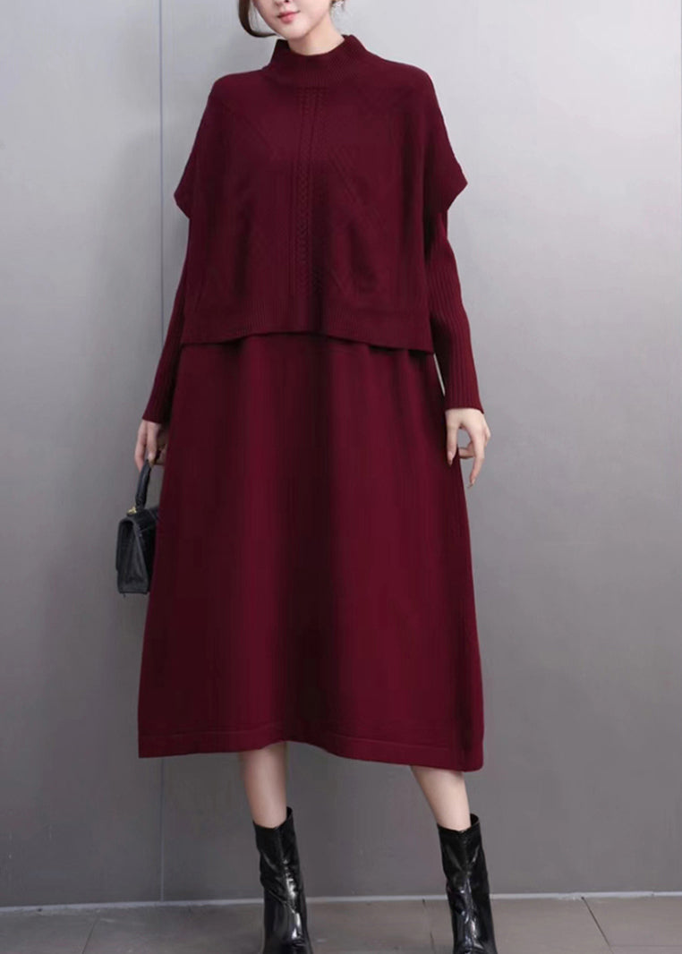 Simple Mulberry Turtleneck Patchwork Cotton Knit Sweaters and Maxi Skirts Two Pieces Set Winter