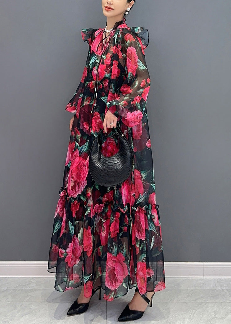 Red Tie Lace Print Chiffon Maxi Dresses Fall