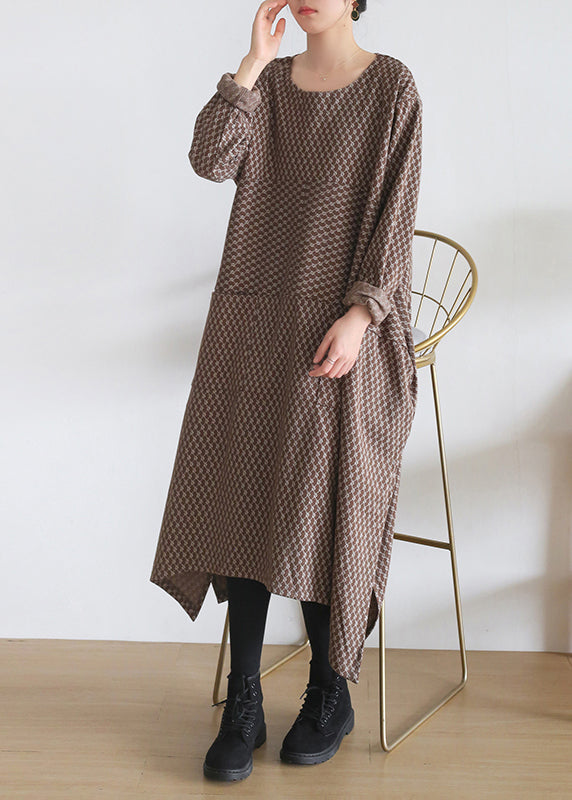 Loose Chocolate Colour O-neck Print Side Open Knit Cotton Maxi Dress Long Sleeve