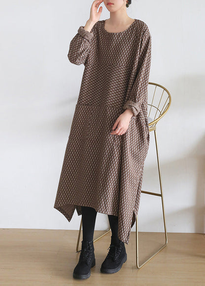 Loose Chocolate Colour O-neck Print Side Open Knit Cotton Maxi Dress Long Sleeve