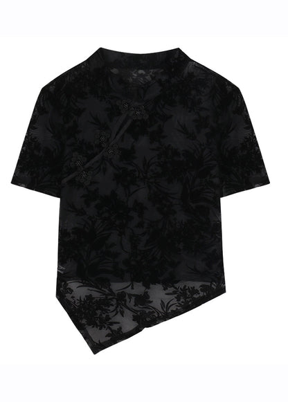 Black Asymmetrical Lace Patchwork Tulle Top Short Sleeve