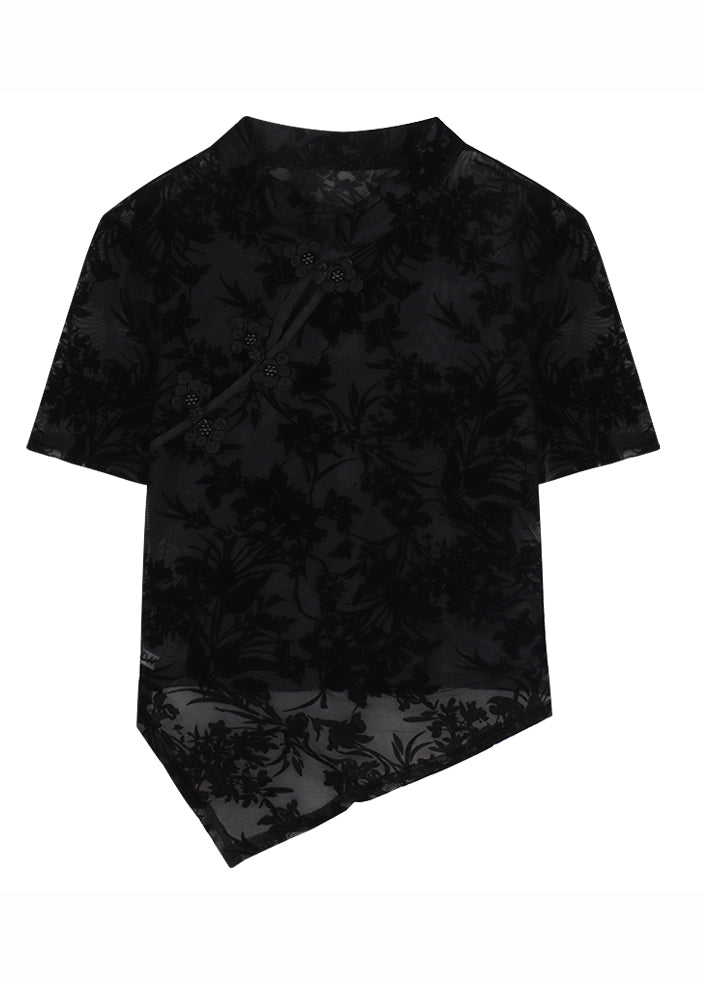 Black Asymmetrical Lace Patchwork Tulle Top Short Sleeve
