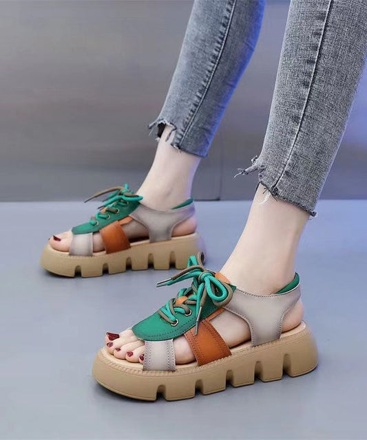 Colorblock Peep Toe Lace Up Splicing Platform Sandals