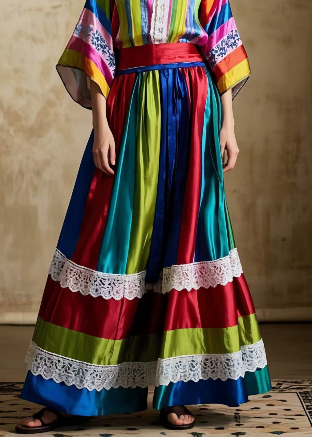 Striped Patchwork Exra Large Hem Silk Skirts Spring
