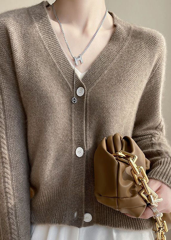 Camel V Neck Patchwork Wool Cardigans Coat Spring