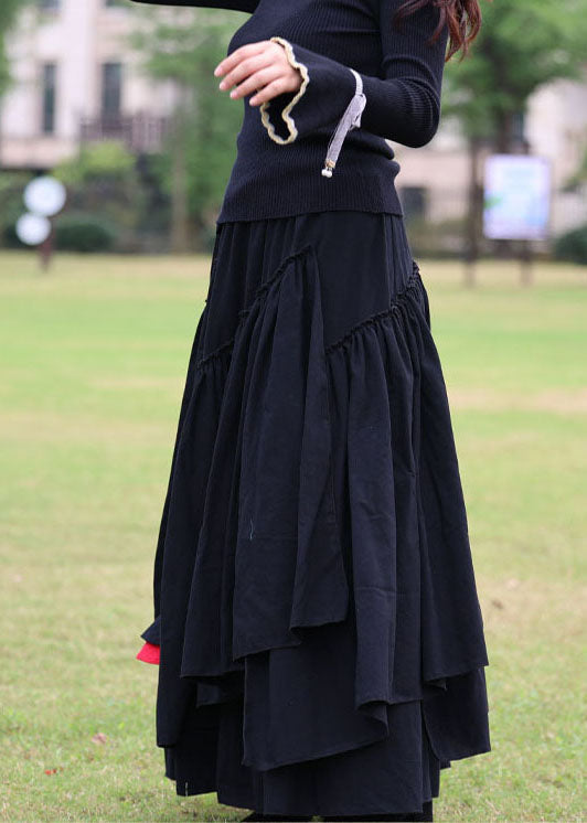 Black Cinched Patchwork Cotton Skirt Spring