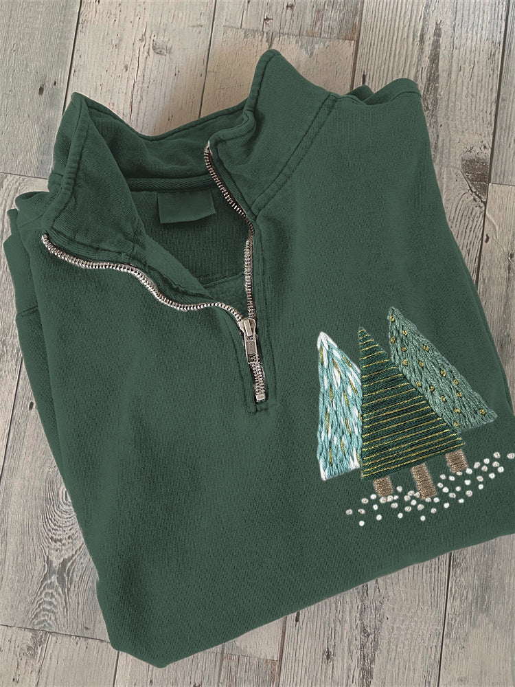 Comstylish Christmas Trees Embroidery Collar Zipper Sweatshirt