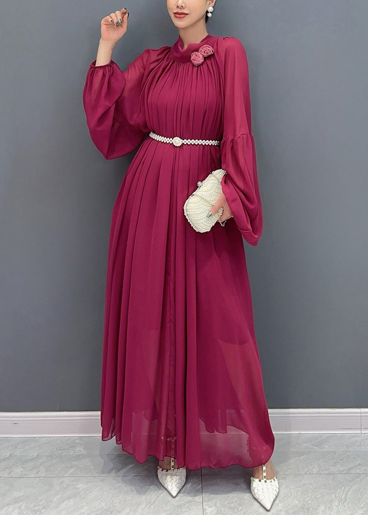 Chinese Style Mulberry Wrinkled Chiffon Long Dress Fall