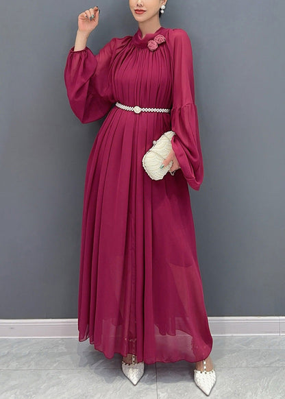 Chinese Style Mulberry Wrinkled Chiffon Long Dress Fall