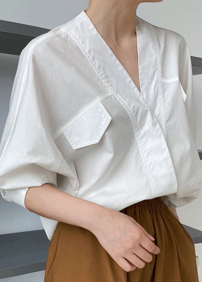 French White V Neck Cotton Shirts Top Batwing Sleeve